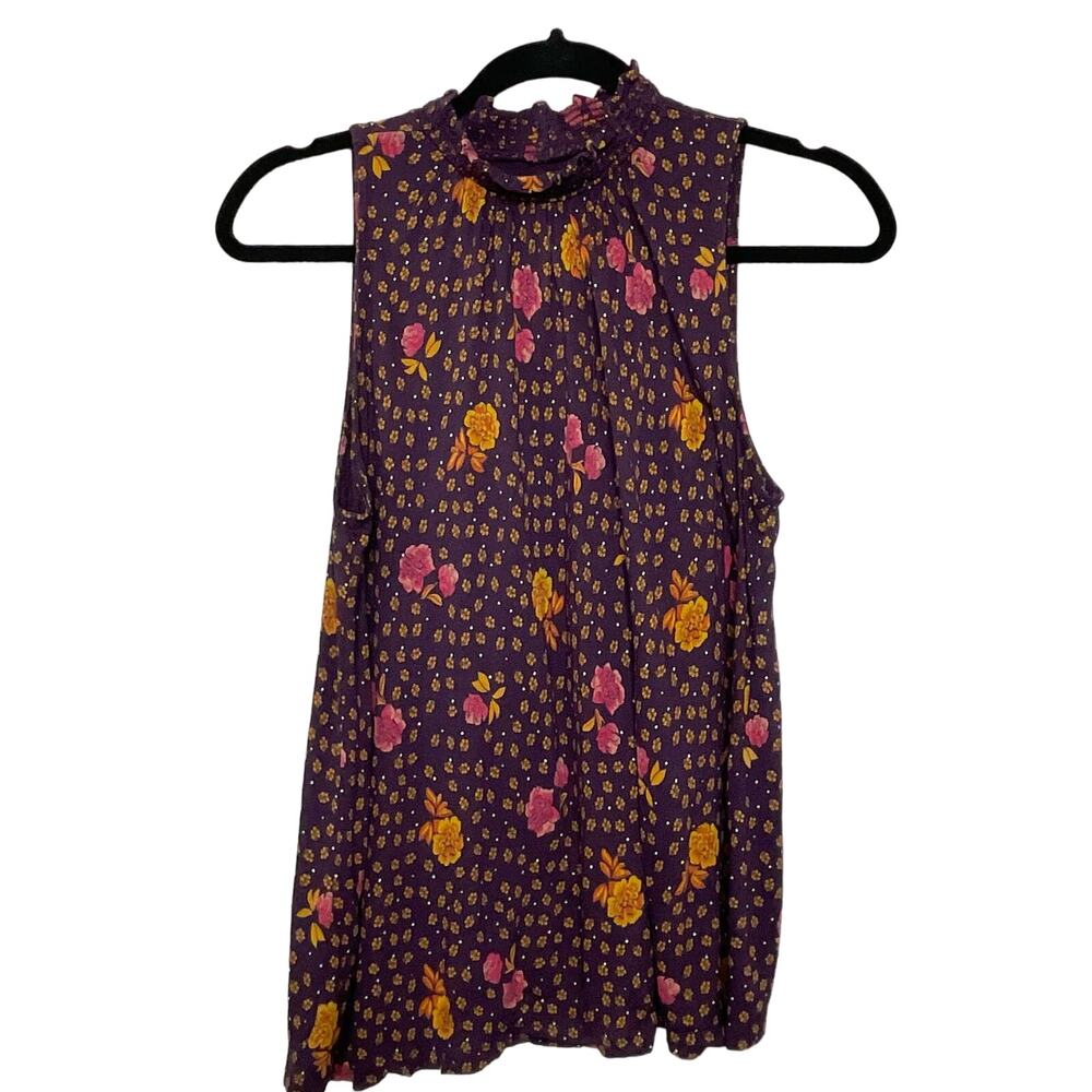 LOFT Sleeveless Blouse Top‎ Rosebud Smocked Mock Neck Flowy Purple Pink SP